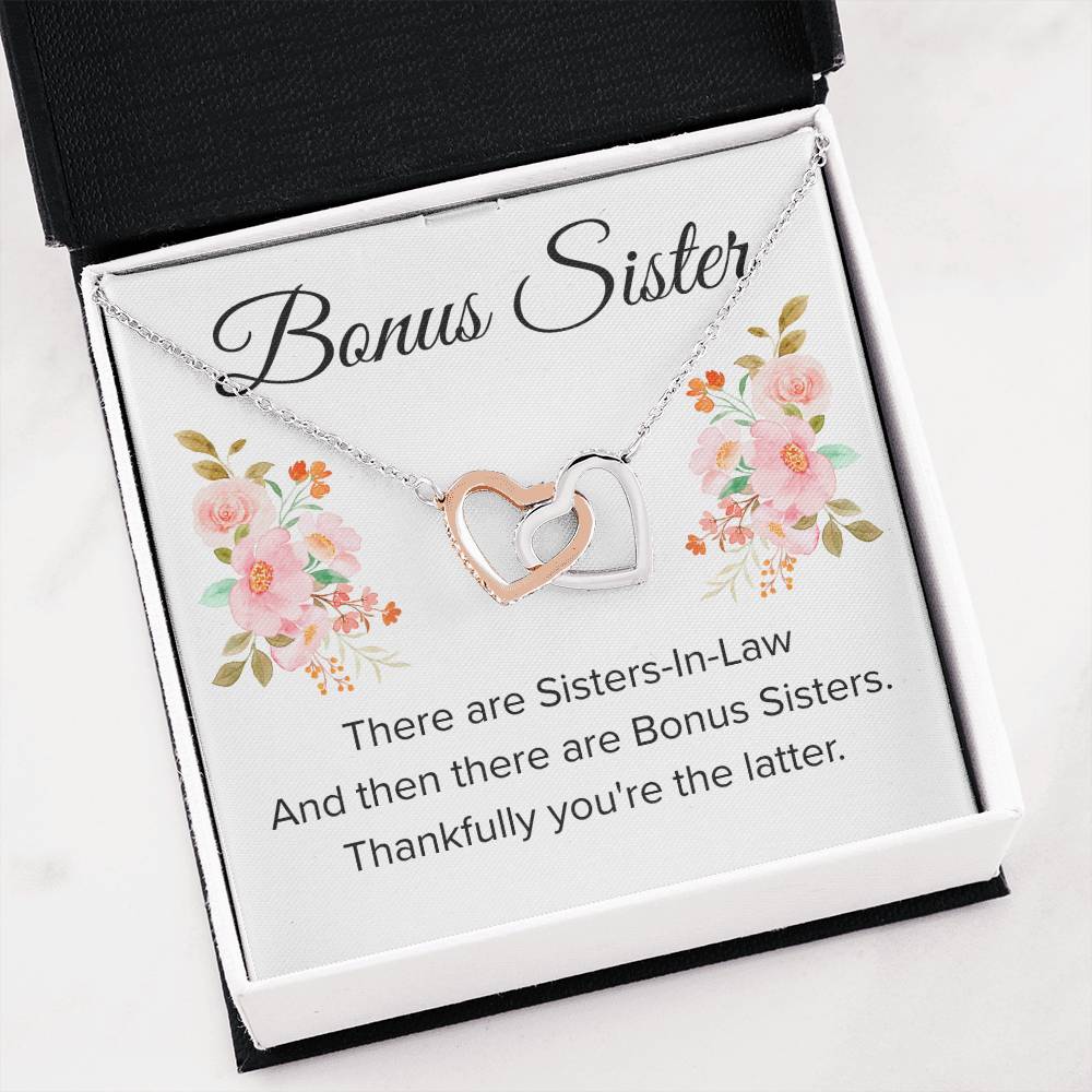 Gift for Bonus Sister - Thankfully You're the Latter - Interlocking Hearts Necklace