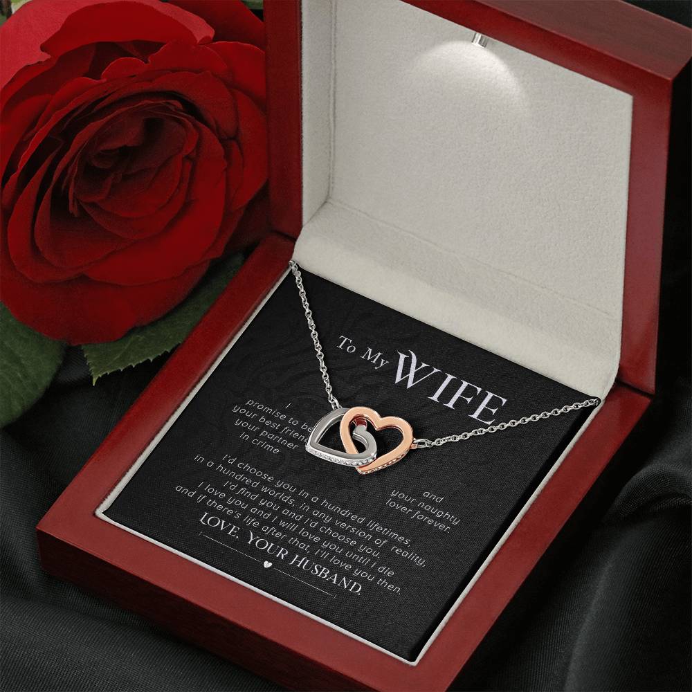 To My Wife Necklace - Touching Romantic Gift for Wife from Husband for Christmas, Anniversary & Valentine’s Day - Interlocking Hearts Necklace