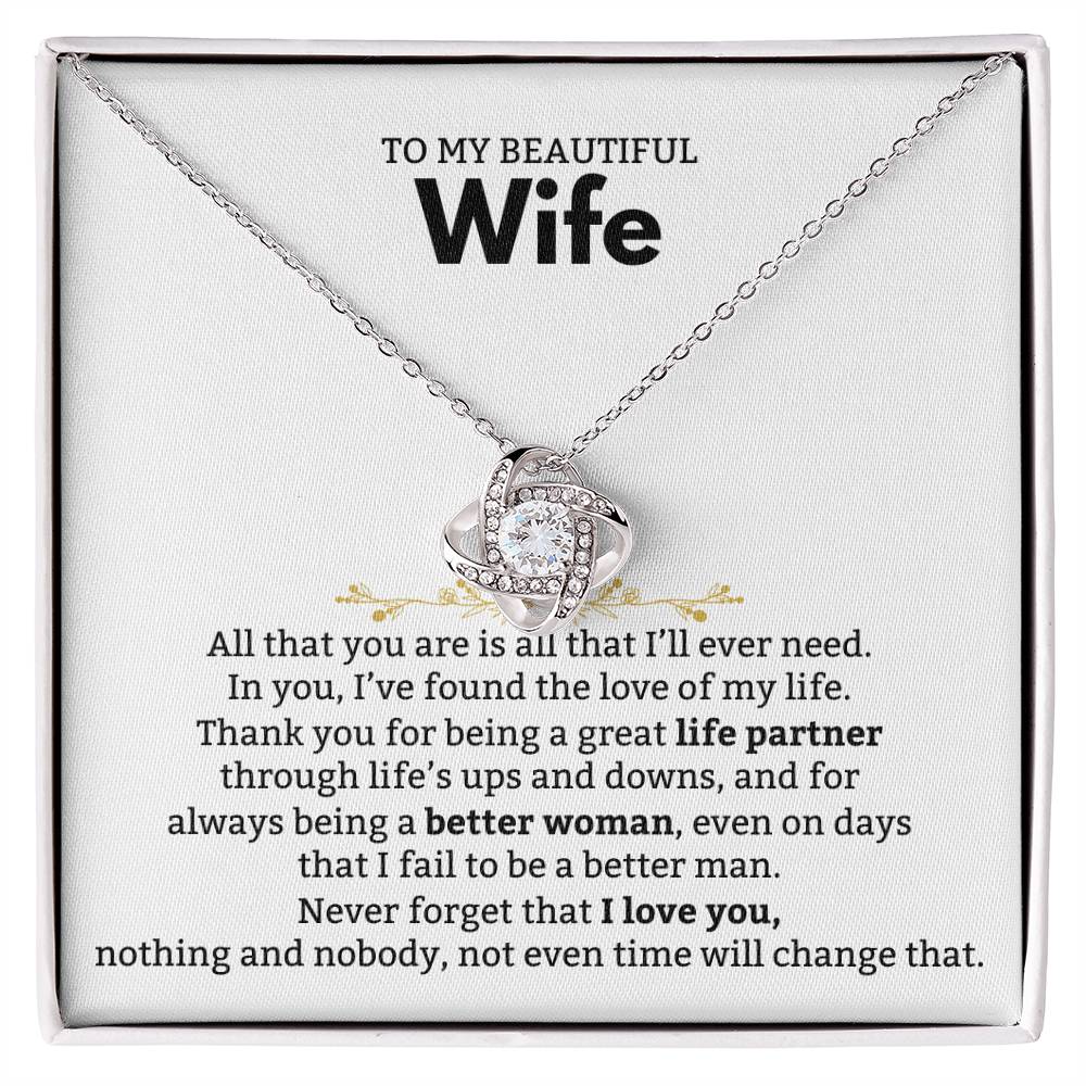 To My Beautiful Wife Necklace - Romantic Birthday Jewelry Gift from Husband for Valentine’s Day & Long Lasting Memories - Love Knot Necklace