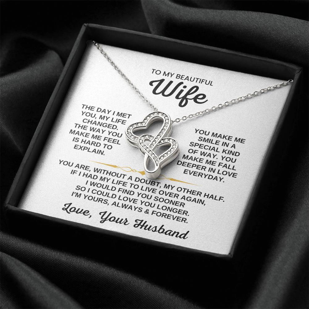To My Beautiful Wife Necklace - Romantic Birthday Jewelry Gift from Husband for Valentine’s Day & Long Lasting Memories - Heart-to-heart Pendant Necklace