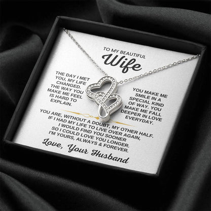 To My Beautiful Wife Necklace - Romantic Birthday Jewelry Gift from Husband for Valentine’s Day & Long Lasting Memories - Heart-to-heart Pendant Necklace