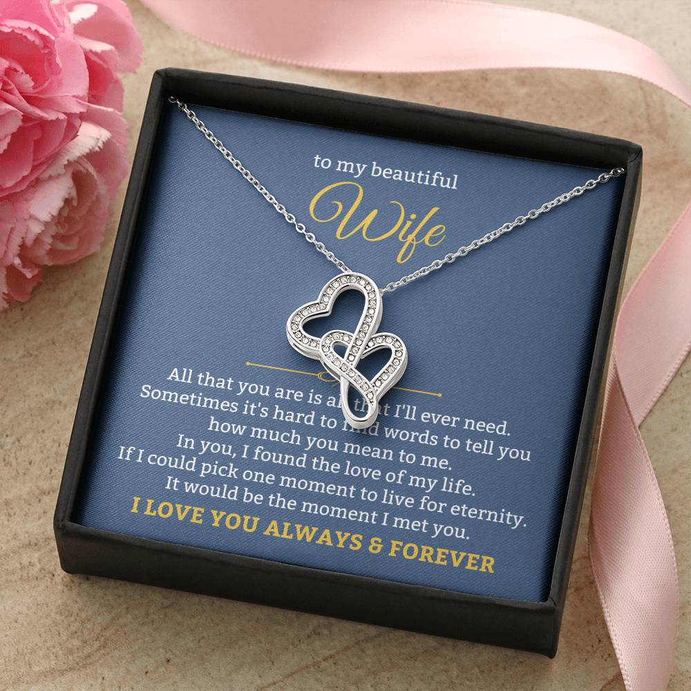 To My Beautiful Wife Necklace - Touching Romantic Gift for Wife from Husband for Christmas, Anniversary & Valentine’s Day - Heart-to-heart Pendant Necklace