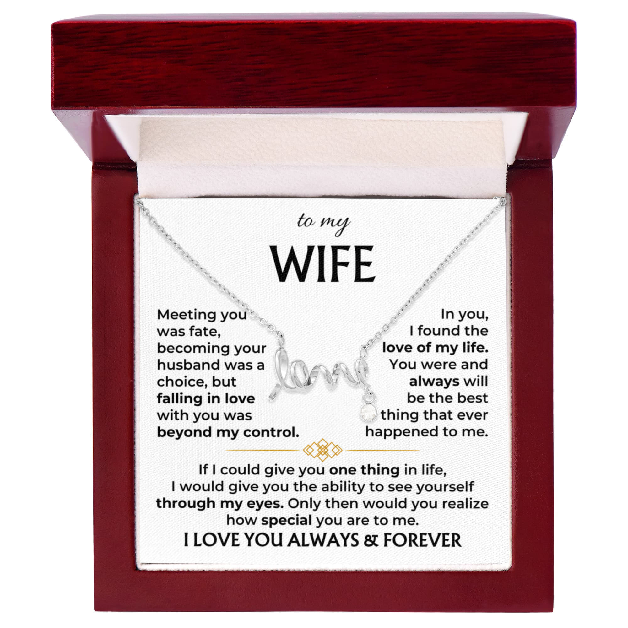 To My Wife Necklace - Cherished Wife Gift from Husband for Valentine’s Day, Anniversary & Birthday - Scripted Love Necklace