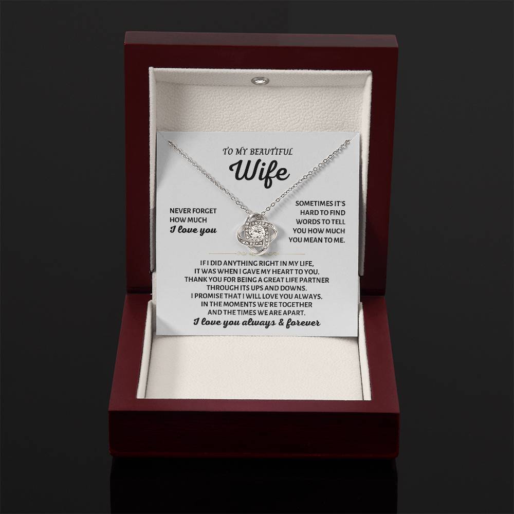 To My Beautiful Wife Necklace - Sweet Emotional Gift for Wife from Husband on Birthday, Anniversary & Valentine’s Day - Love Knot Necklace