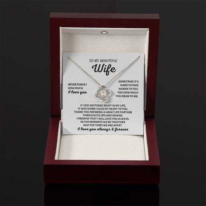 To My Beautiful Wife Necklace - Sweet Emotional Gift for Wife from Husband on Birthday, Anniversary & Valentine’s Day - Love Knot Necklace