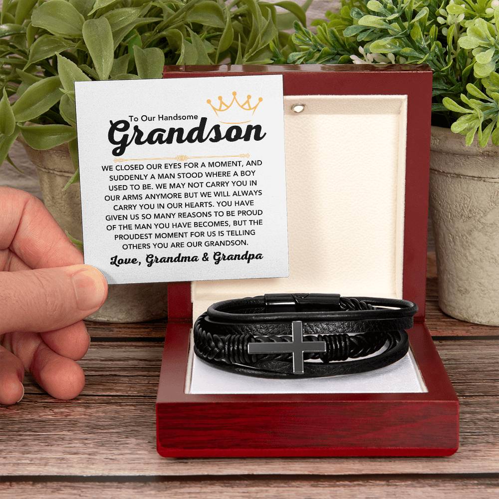 To Our Grandson – Holiday, Birthday, Graduation Gift – Men's Cross Bracelet