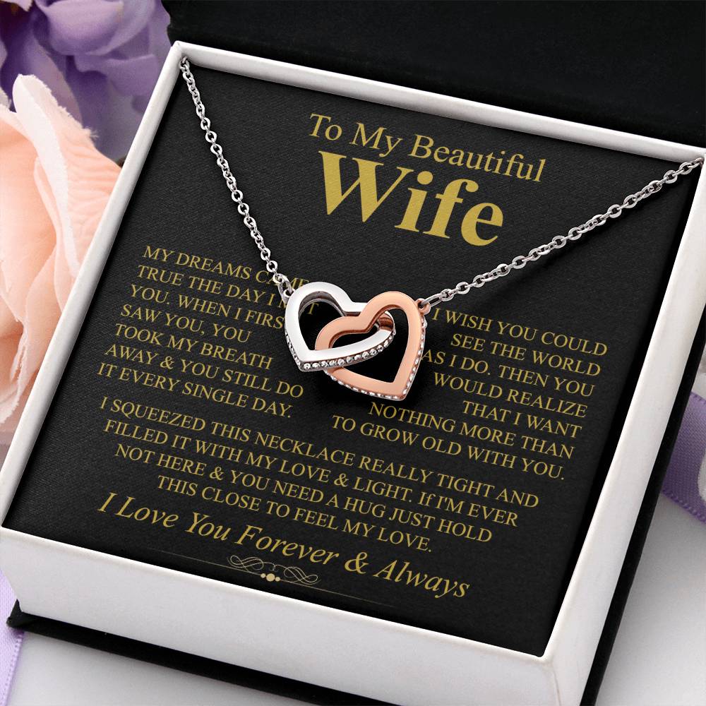 To My Beautiful Wife Necklace - Perfect Romantic Surprise from Husband for Anniversary, Birthday & Valentine’s Day - Interlocking Hearts Necklace