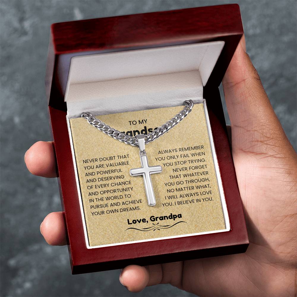 To My Grandson - Gift for Grandson from Grandpa - I will always love you - Artisan Cross with Cuban Link Chain