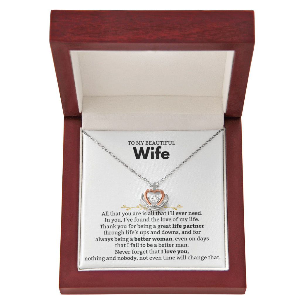 To My Beautiful Wife Necklace - Romantic Gift from Husband for Birthday, Anniversary, Christmas & Valentine’s Day - Crown Pendant Necklace