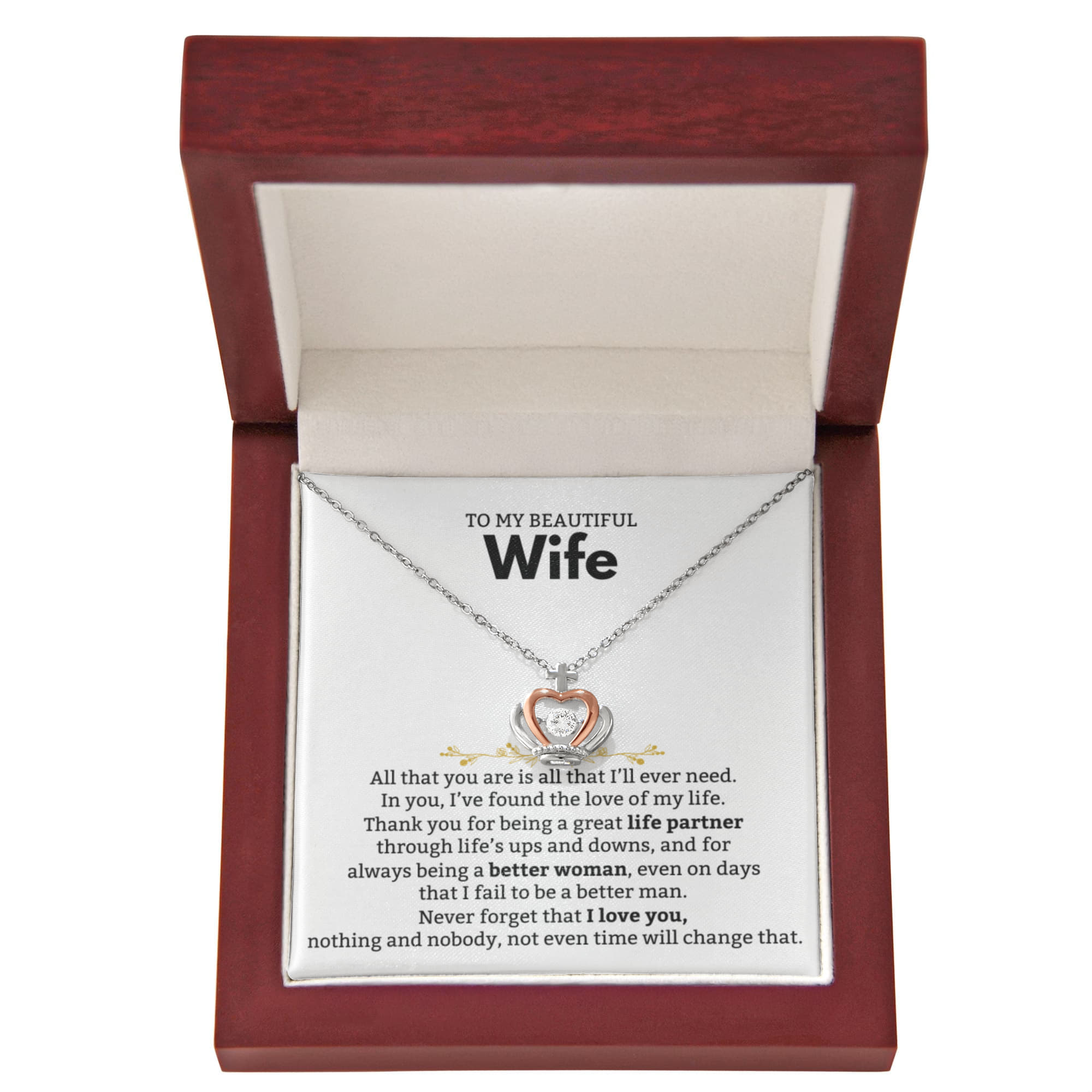 To My Beautiful Wife Necklace - Romantic Gift from Husband for Birthday, Anniversary, Christmas & Valentine’s Day - Crown Pendant Necklace