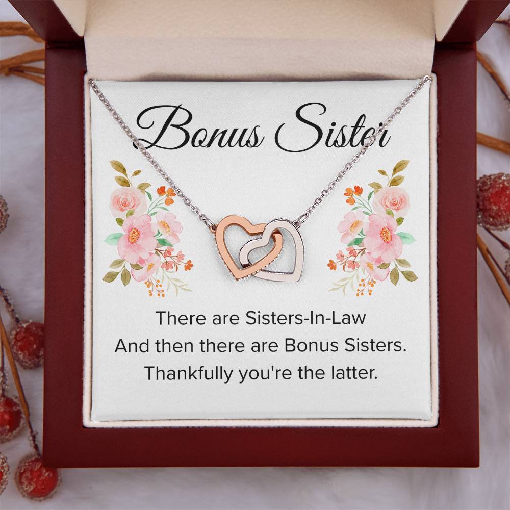 Gift for Bonus Sister - Thankfully You're the Latter - Interlocking Hearts Necklace