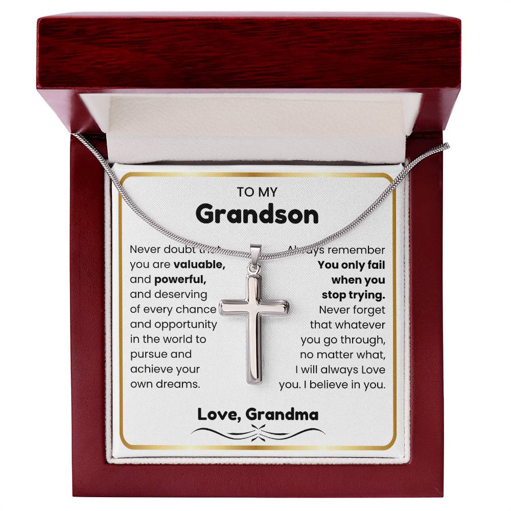 To My Grandson - I believe in you - Grandson Gift from Grandma - Artisan Cross Necklace