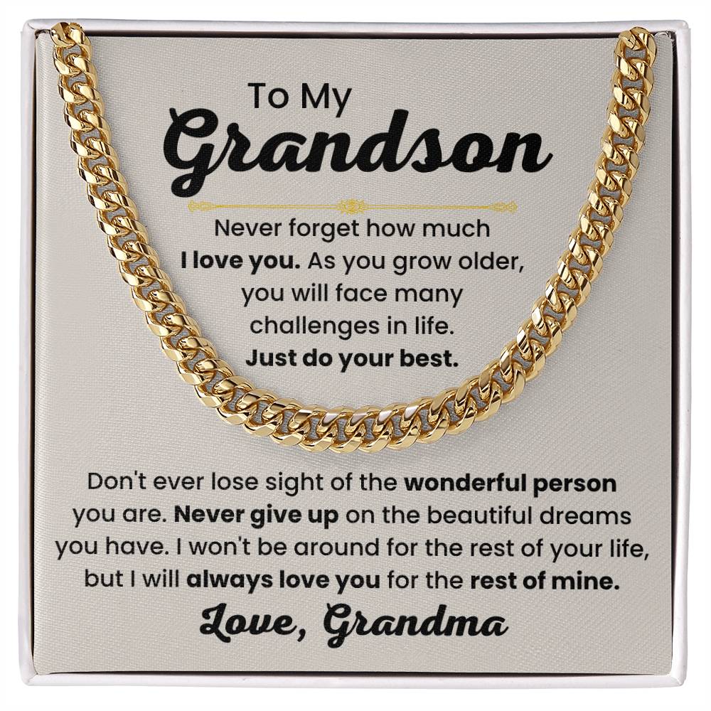 Grandson Necklace Gift from Grandma, Birthday, Graduation & Christmas Jewelry - Cuban Link Chain