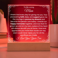 Loving Gift For Mom From Son, Acrylic Keepsake Plaque With Special Message, Meaningful Gift For Mother, To My Loving Mom