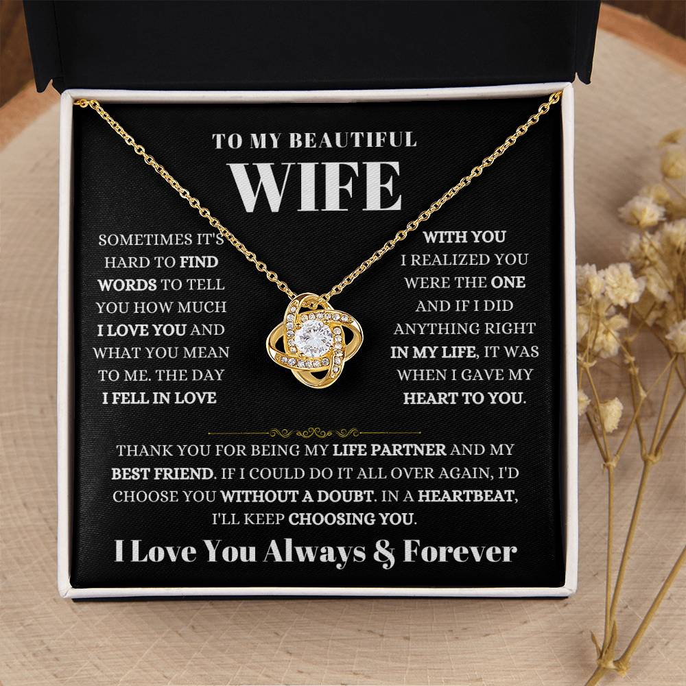 To My Beautiful Wife Necklace - Romantic Keepsake Jewelry Gift from Husband for Special Days & Valentine’s Love - Love Knot Necklace