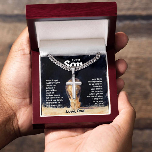 To My Son Necklace - Gift for Son from Dad - Never forget that I love you - Artisan Cross with Cuban Link Chain