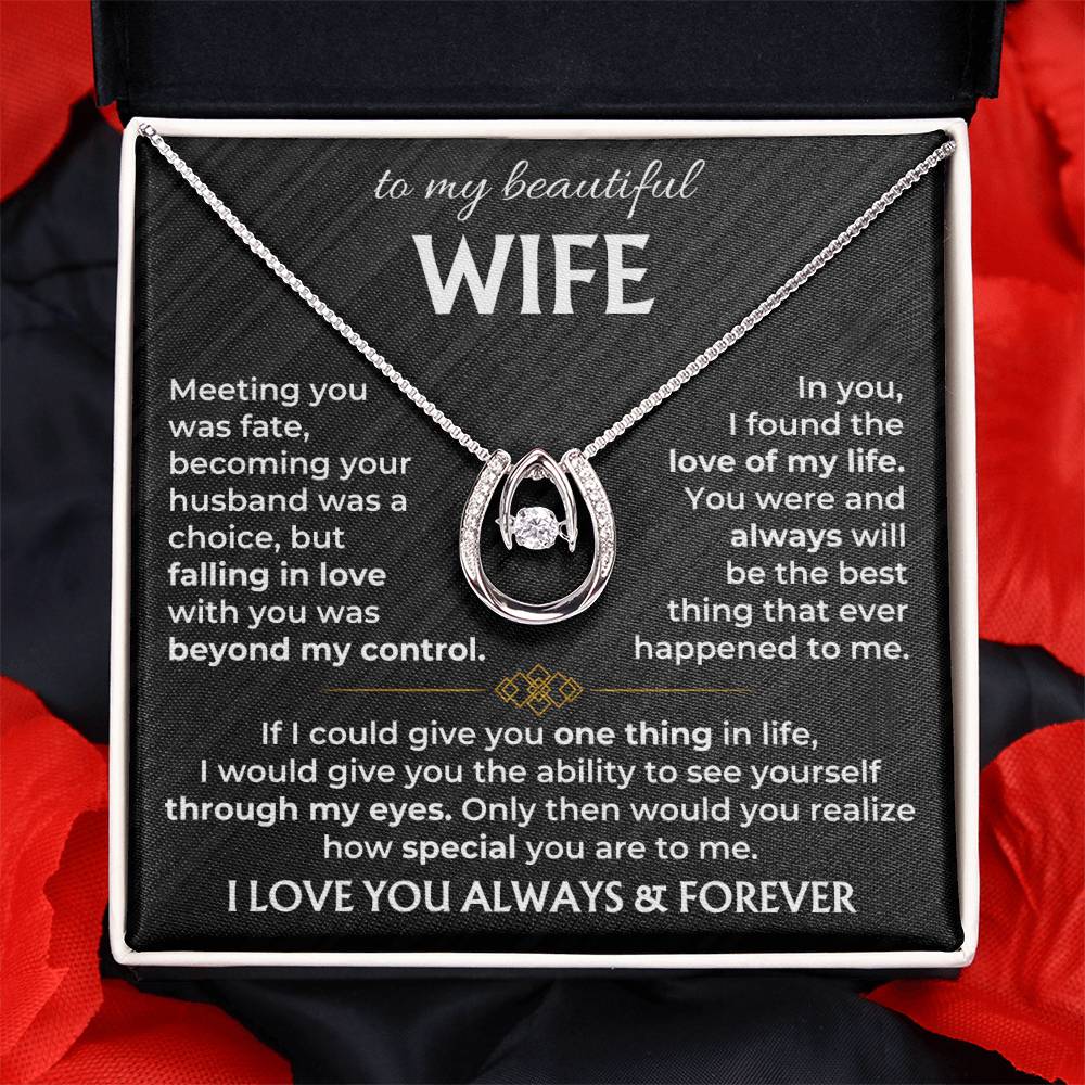 To My Beautiful Wife Necklace - Sweetest Gift for Wife from Husband for Valentine’s Day, Anniversary & Birthday Joy - Lucky In Love Necklace