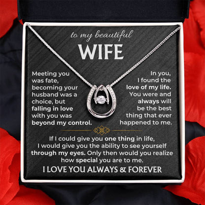 To My Beautiful Wife Necklace - Sweetest Gift for Wife from Husband for Valentine’s Day, Anniversary & Birthday Joy - Lucky In Love Necklace