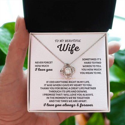 To My Beautiful Wife Necklace - Sweet Emotional Gift for Wife from Husband on Birthday, Anniversary & Valentine’s Day - Love Knot Necklace