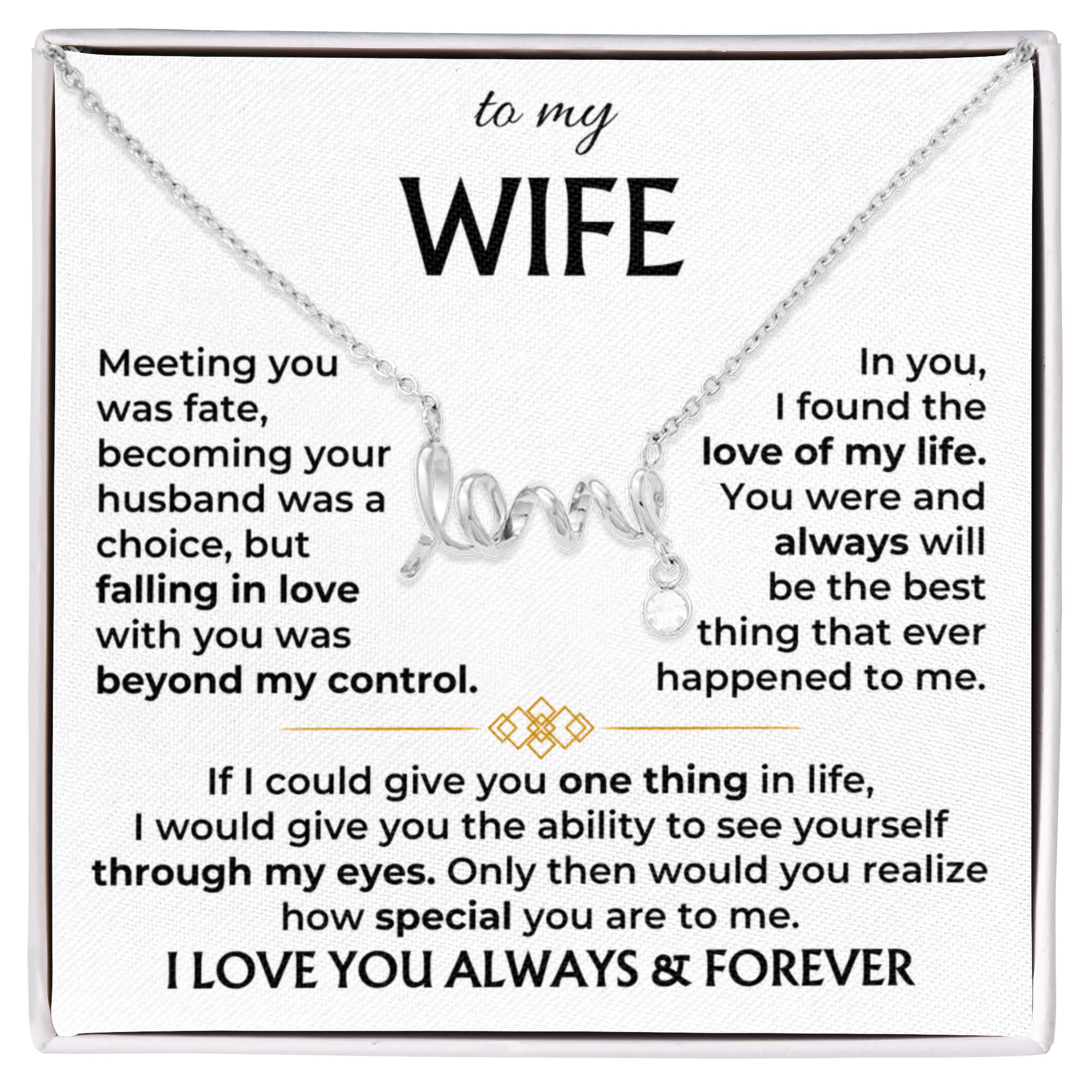 To My Wife Necklace - Cherished Wife Gift from Husband for Valentine’s Day, Anniversary & Birthday - Scripted Love Necklace
