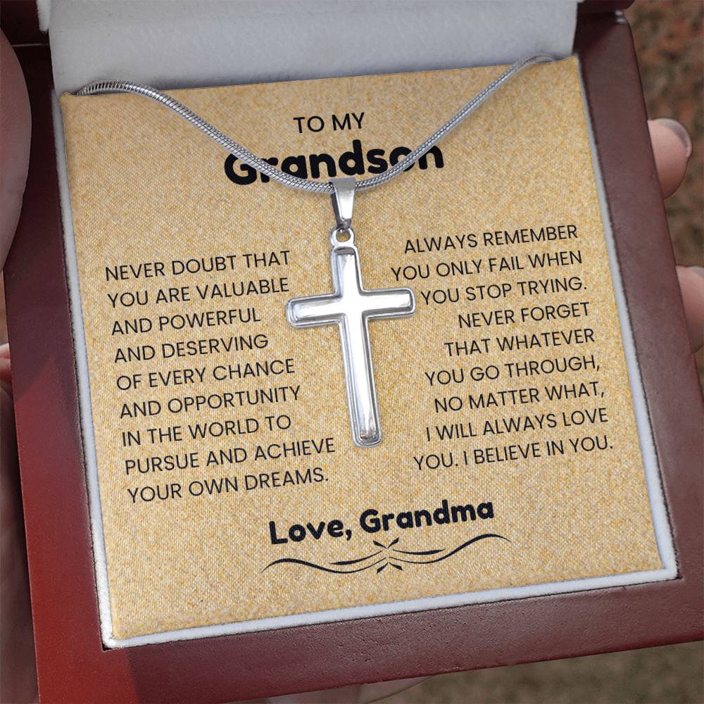 To My Grandson - Gift for Grandson from Grandma - I will always love you - Artisan Cross Necklace
