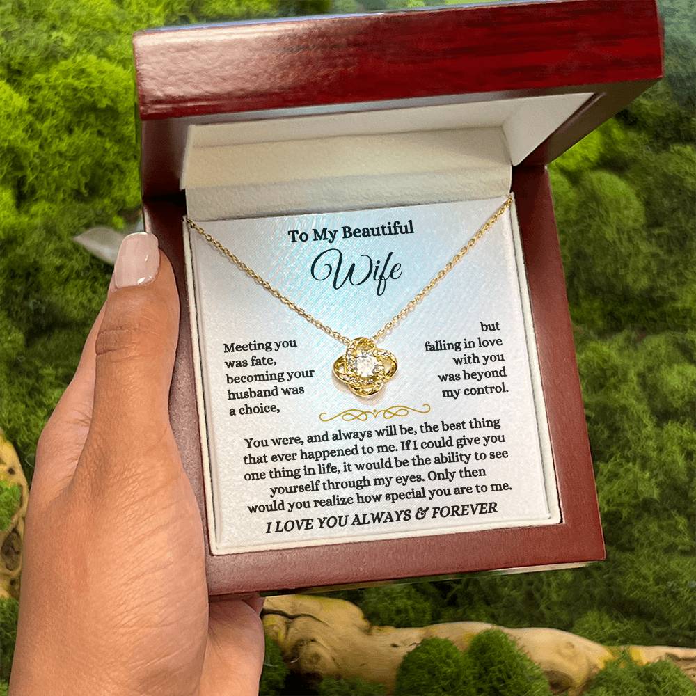 To My Beautiful Wife Necklace - Touching Romantic Gift for Wife from Husband for Christmas, Anniversary & Valentine’s Day - Love Knot Necklace