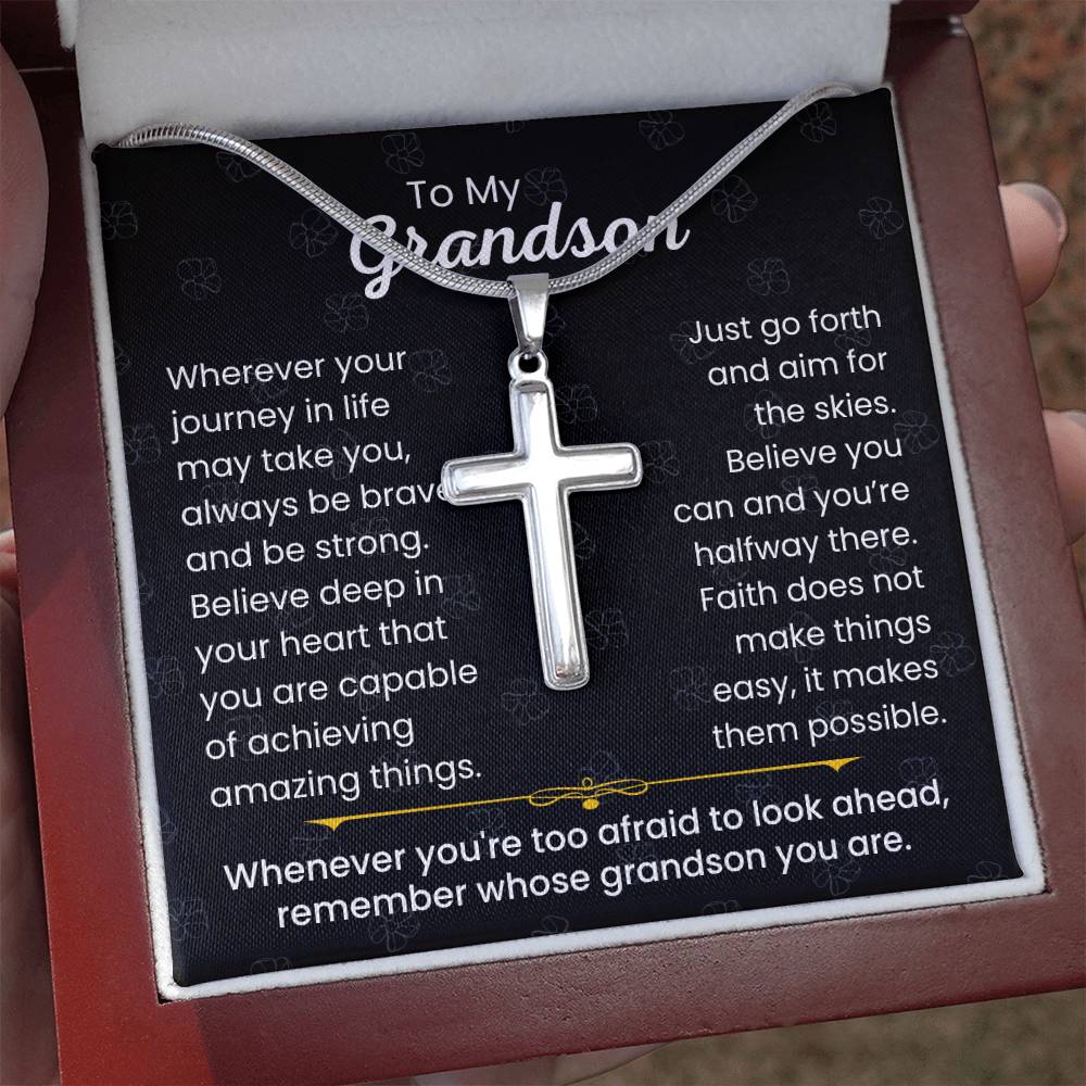 To My Grandson - Always be brave and be strong - Gift for Grandson - Artisan Cross Necklace