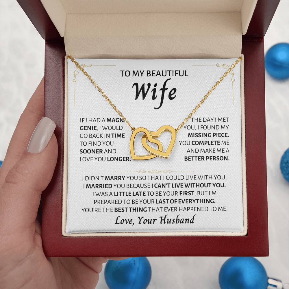 To My Wife Necklace - Romantic Gift from Husband for Birthday, Anniversary, Christmas & Valentine’s Day - Interlocking Hearts Necklace