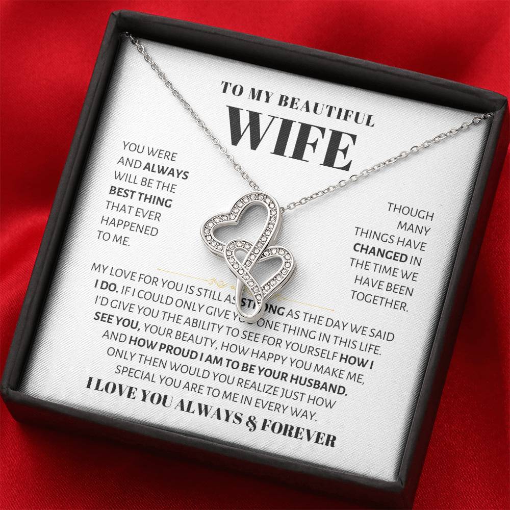 To My Beautiful Wife Necklace - Husband to Wife Jewelry for Romantic Valentine’s Day, Birthday & Anniversary Gifts - Heart-to-heart Pendant Necklace