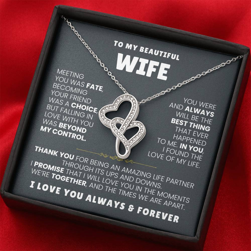 To My Beautiful Wife Necklace - Husband to Wife Jewelry for Romantic Valentine’s Day, Birthday & Anniversary Gifts - Heart-to-heart Pendant Necklace