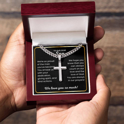 To Our Dear Son - We love you so much - Gift for Son from Mom and Dad - Artisan Cross with Cuban Link Chain