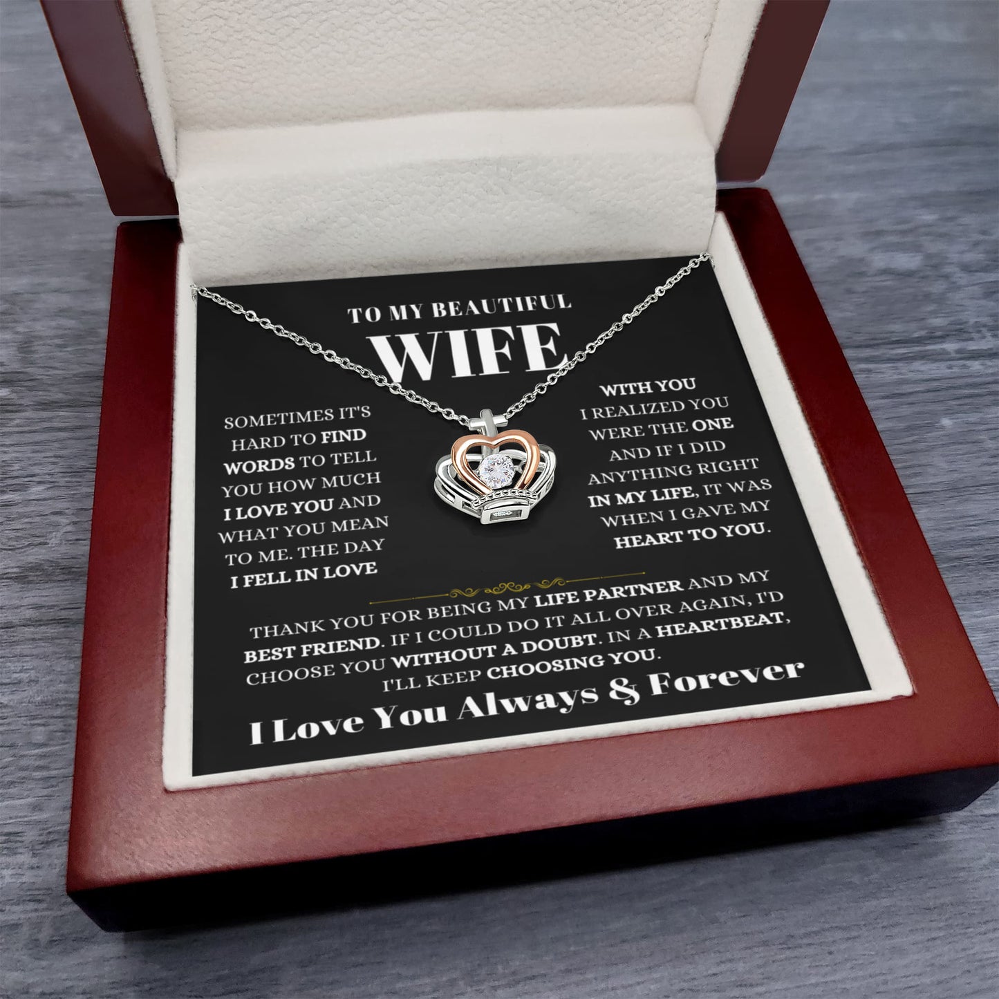 To My Wife Necklace - Soulmate Jewelry Gift from Husband for Birthday, Anniversary & Valentine’s Day - Crown Pendant Necklace