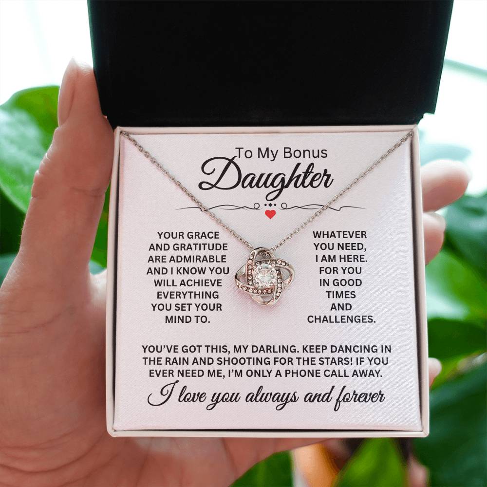 To My Bonus Daughter Necklace – Perfect Daughter Gift for Graduation & Birthday – Love Knot Necklace