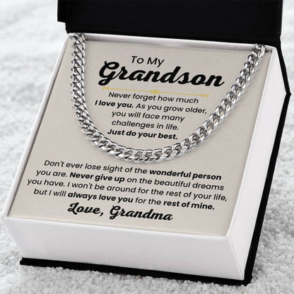Grandson Necklace Gift from Grandma, Birthday, Graduation & Christmas Jewelry - Cuban Link Chain