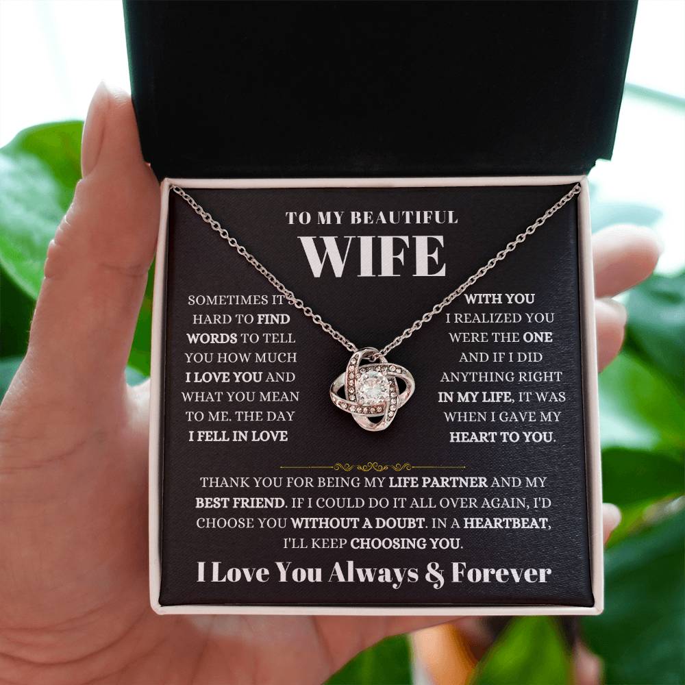 To My Beautiful Wife Necklace - Romantic Keepsake Jewelry Gift from Husband for Special Days & Valentine’s Love - Love Knot Necklace