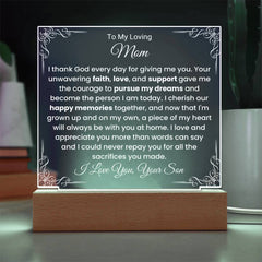 Loving Gift For Mom From Son, Acrylic Keepsake Plaque With Special Message, Meaningful Gift For Mother, To My Loving Mom