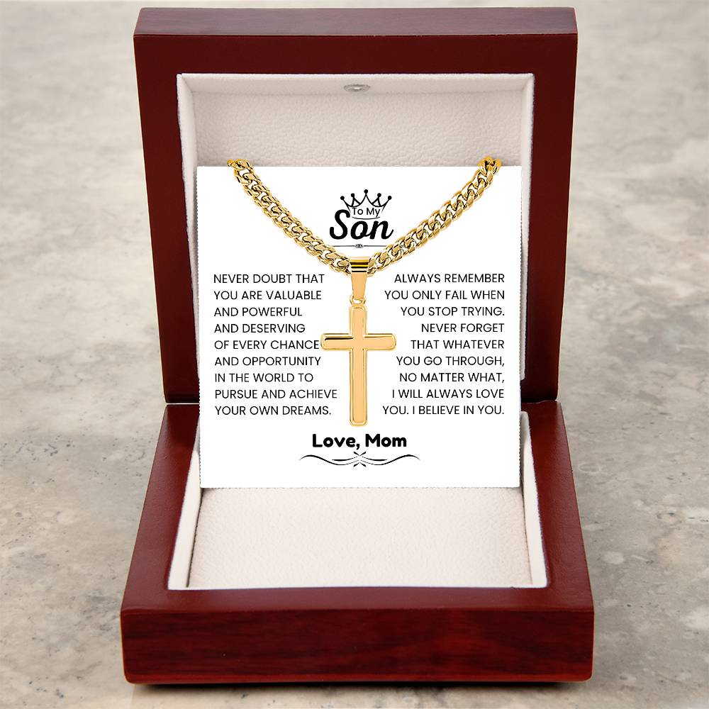 To My Son - Gift for Son from Mom - I will always love you - Artisan Cross with Cuban Link Chain