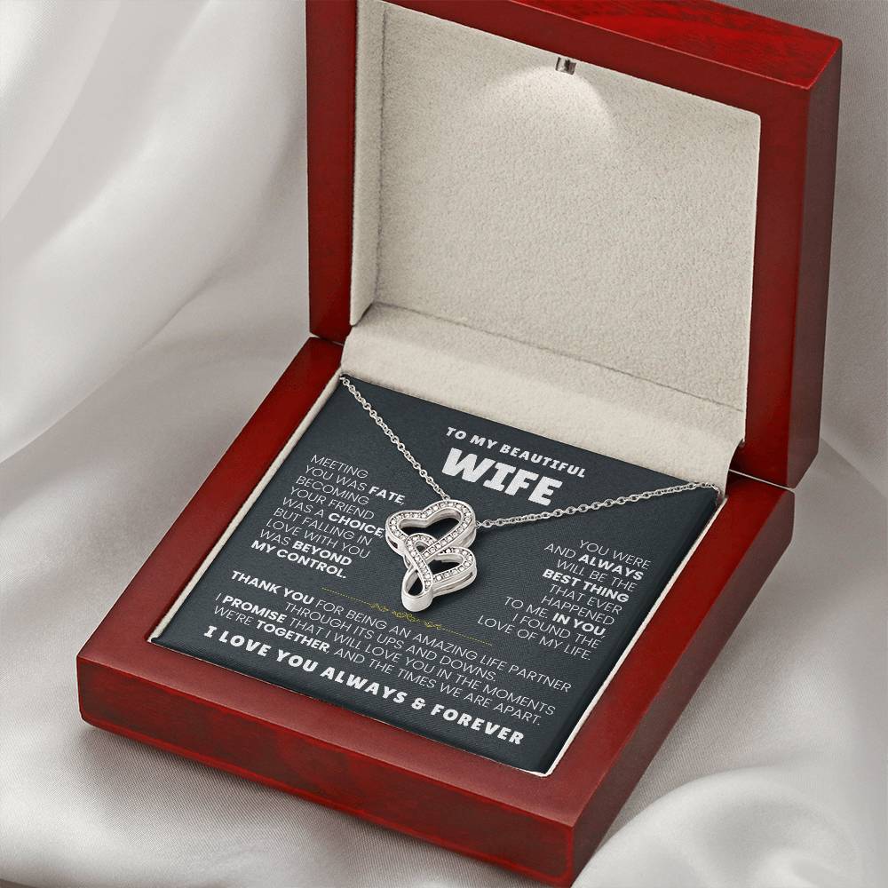 To My Beautiful Wife Necklace - Husband to Wife Jewelry for Romantic Valentine’s Day, Birthday & Anniversary Gifts - Heart-to-heart Pendant Necklace