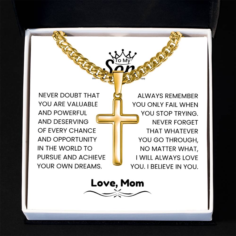 To My Son - Gift for Son from Mom - I will always love you - Artisan Cross with Cuban Link Chain