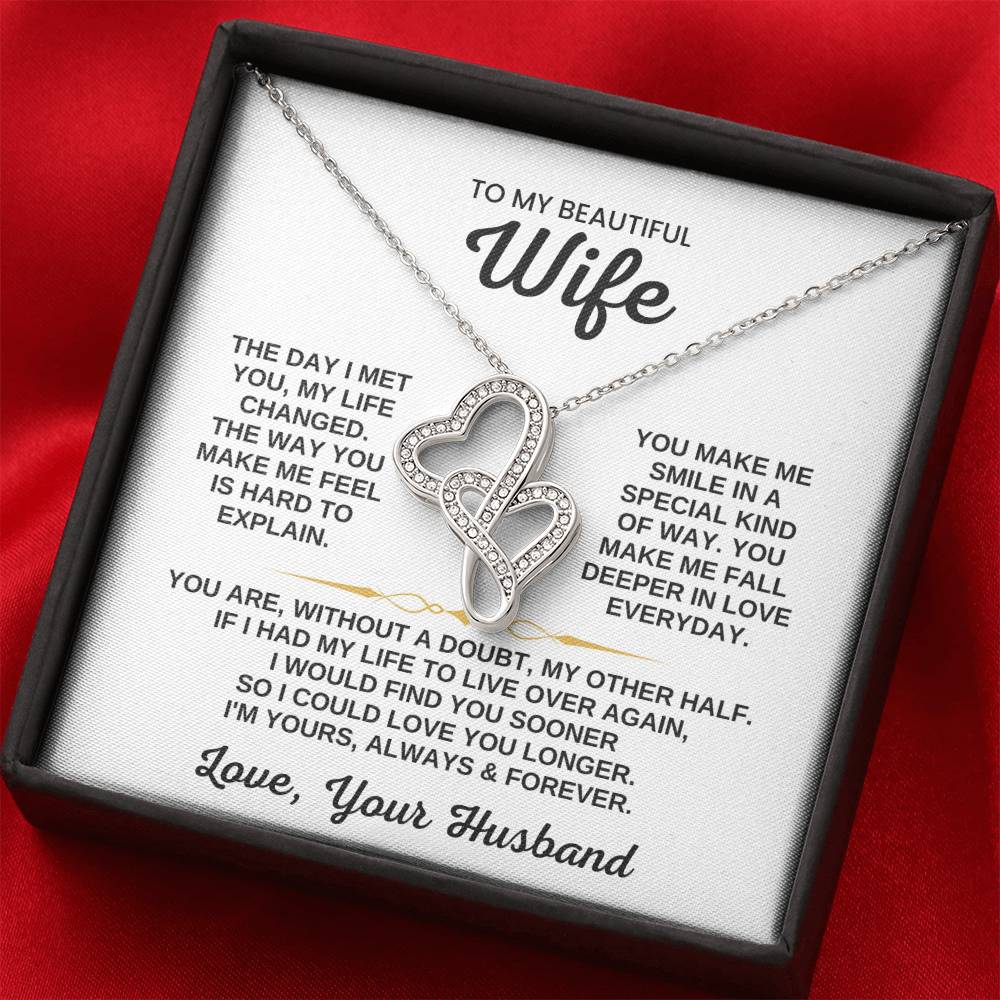 To My Beautiful Wife Necklace - Romantic Birthday Jewelry Gift from Husband for Valentine’s Day & Long Lasting Memories - Heart-to-heart Pendant Necklace
