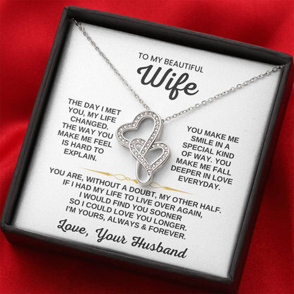 To My Beautiful Wife Necklace - Romantic Birthday Jewelry Gift from Husband for Valentine’s Day & Long Lasting Memories - Heart-to-heart Pendant Necklace