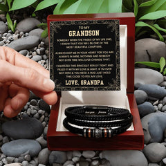 Grandson Bracelet Gift from Grandpa, Leather Wristband with Love Message, To My Grandson