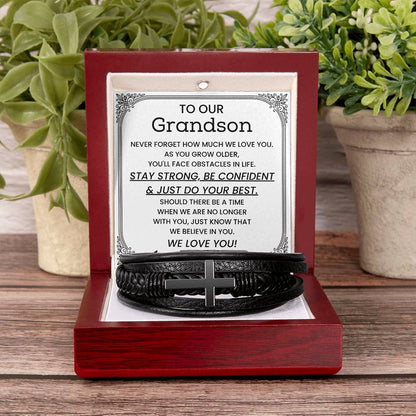 To Our Grandson - Gift for Grandson from Grandparents - Stay Strong, Be Confident & Just Do Your Best - Men's Cross Bracelet
