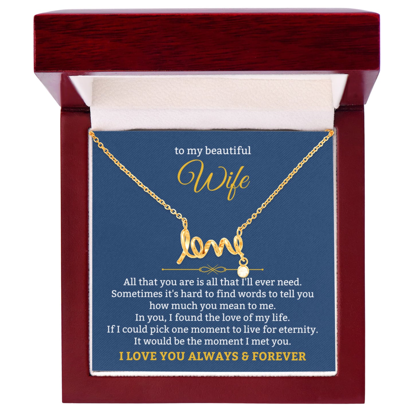 To My Wife Necklace - Forever Love Jewelry Gift from Husband for Birthday, Anniversary & Valentine’s Day - Scripted Love Necklace
