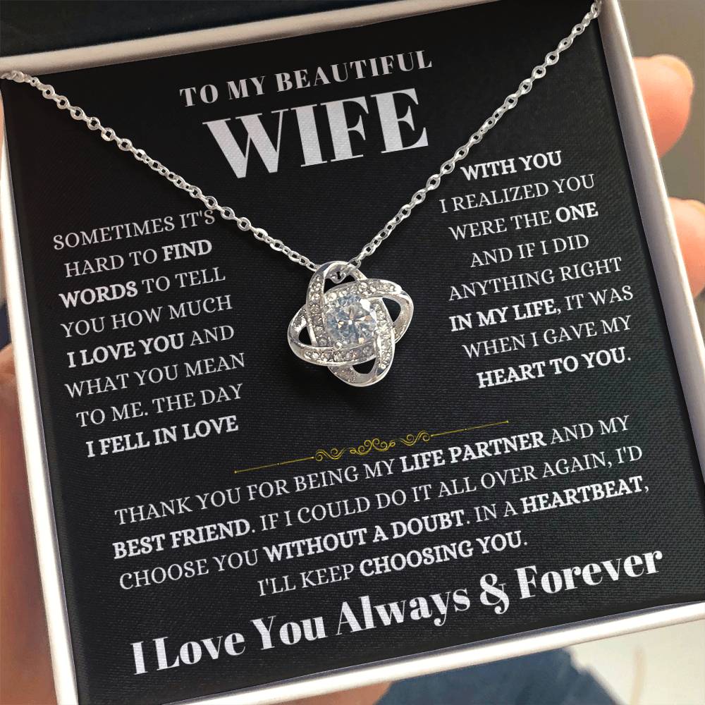 To My Beautiful Wife Necklace - Romantic Keepsake Jewelry Gift from Husband for Special Days & Valentine’s Love - Love Knot Necklace