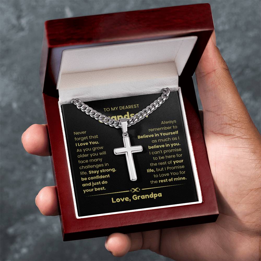 To My Grandson - As you grow older you will face many challenges in life - Grandson Gift from Grandpa - Artisan Cross with Cuban Link Chain