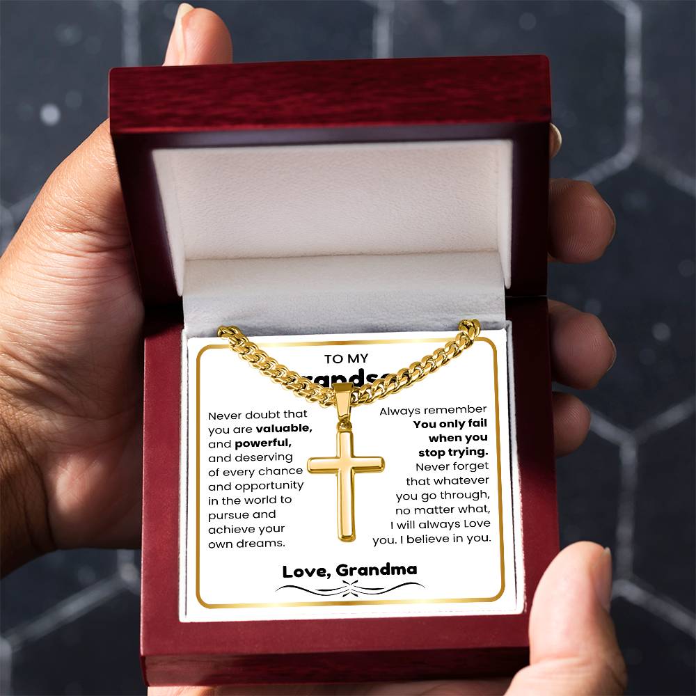 To My Grandson - I believe in you - Grandson Gift from Grandma - Artisan Cross with Cuban Link Chain