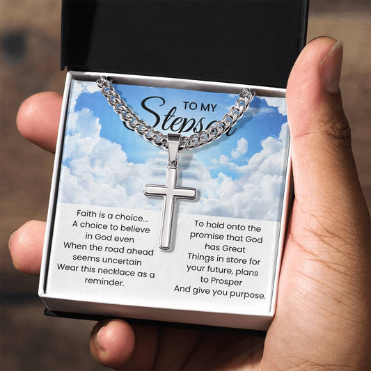 To My Stepson - Religious Gift for Stepson - Artisan Cross with Cuban Link Chain