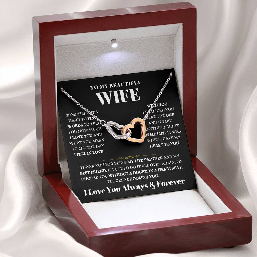 To My Wife Necklace - Beautiful Wife Gift from Husband for Birthday, Anniversary & Valentine’s Day - Interlocking Hearts Necklace
