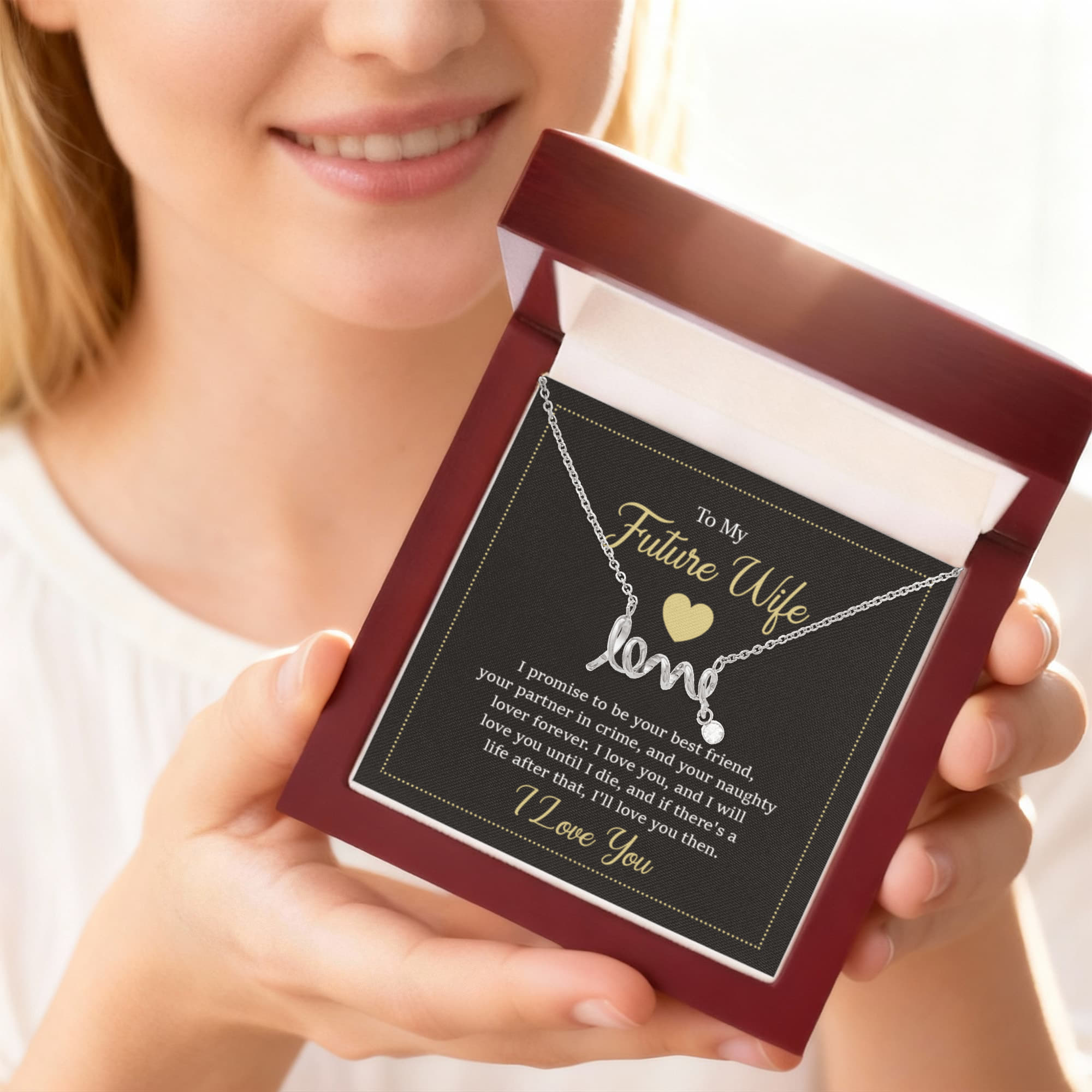 Future Wife Jewelry Gift - Long Lasting Romantic Necklace for Celebrating Love & Upcoming Marriage - Scripted Love Necklace